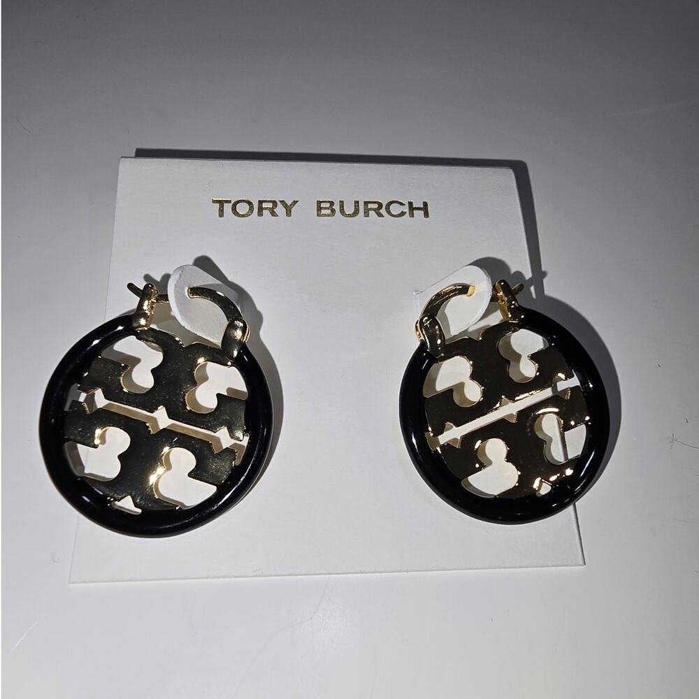 Tory Burch Black Resin Miller Small Hoop Logo Gold Tone Earrings NWOT
